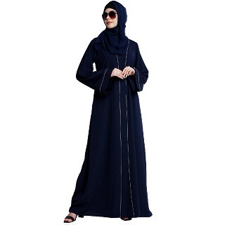Front open abaya with piping work- Navy Blue